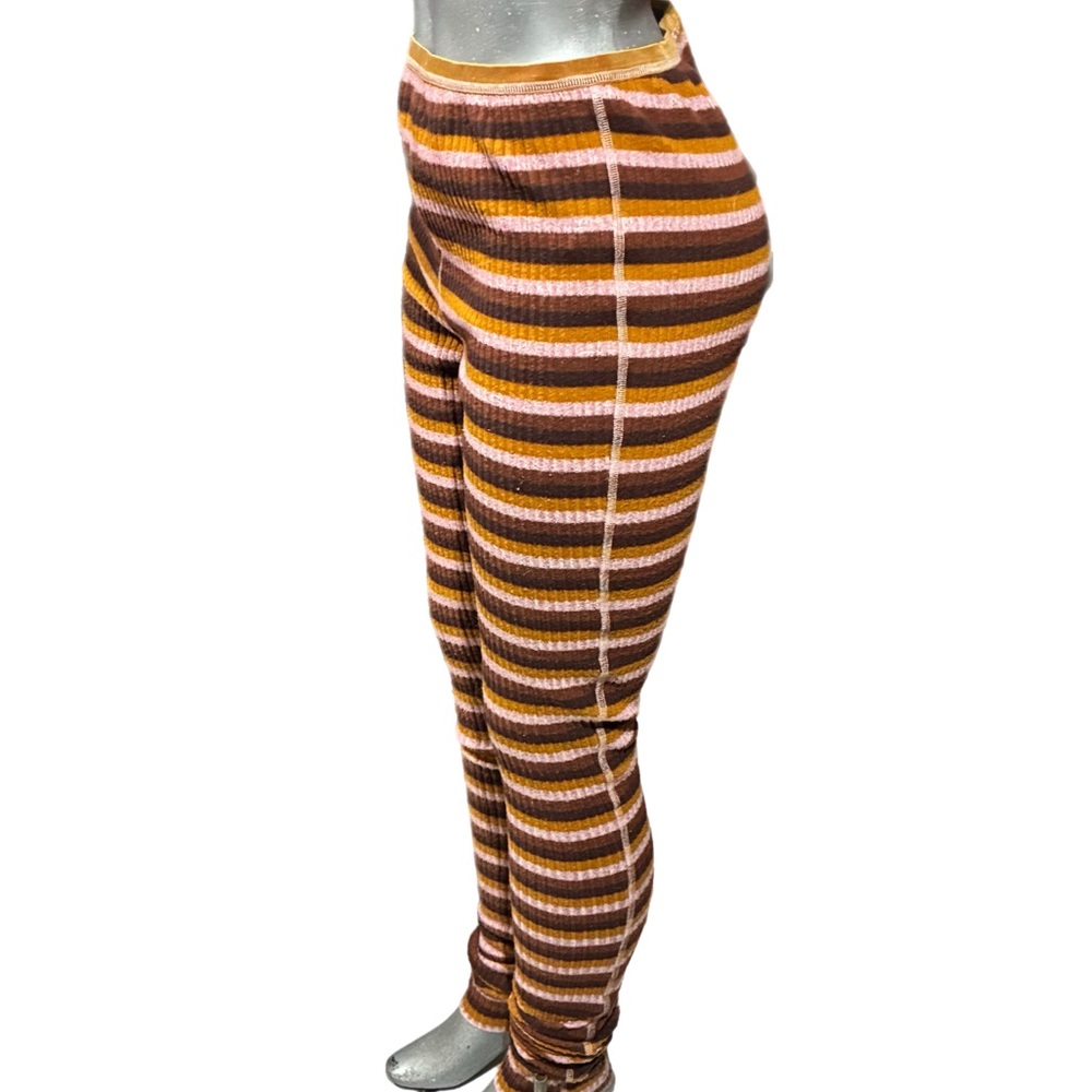 Free People Striped Brown Pink Thermal Leggings Pants Lounge Sleepwear Sz Large